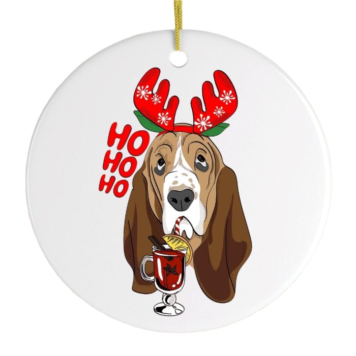 BassetHoundwithMulledWineChristmasOrnamentPineBranchesWoodBackgroundOrnamentMockup 1