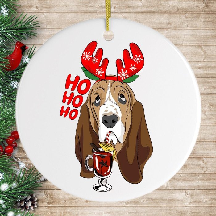 BassetHoundwithMulledWineChristmasOrnamentPineBranchesWoodBackgroundOrnamentMockup