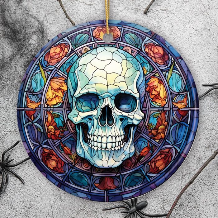FORPRODUCTGhastlyGrinSpookyHalloweenSkullStainedGlassStyleCeramicOrnament HalloweenThemedChristmasGiftandDecorMockup