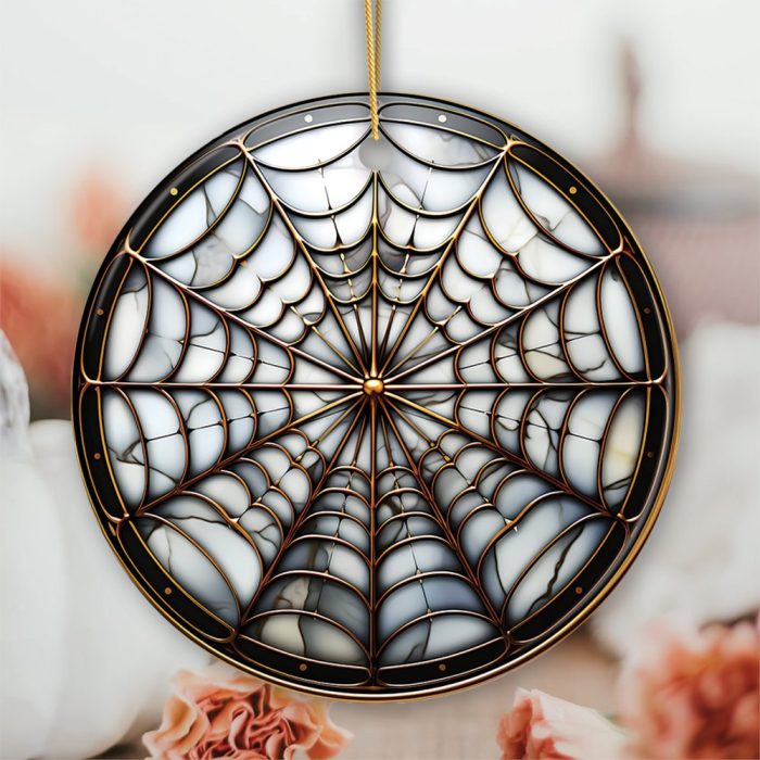 FORPRODUCTGoldenArachnidHauntIntricateSpiderWebStainedGlassStyleCeramicOrnament HalloweenThemedChristmasGiftandDecorMockup