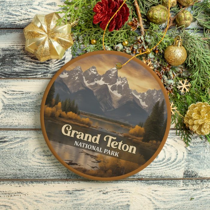 FORPRODUCTGrandTetonNationalParkRetroStyleOrnament WyomingUSATouristAttractionandGift3DMockup 07