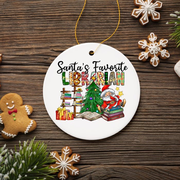 FORPRODUCTSanta sFavoriteLibrarianChristmasOrnament FunLibraryGift3DRealisticWhiteOrnamentMockup 1