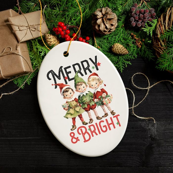 FORPRODUCTVintageElvesMerry BrightChristmasOrnament RetroCeramicTreeDecoration3DRealisticWhiteOrnamentMockup 6