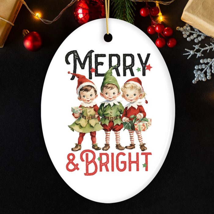 FORPRODUCTVintageElvesMerry BrightChristmasOrnament RetroCeramicTreeDecorationMockupGroup 08christmas new year holidays background decorated house theme