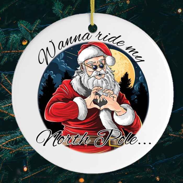 FORPRODUCTWannaRidemyNorthPoleDirtySantaJokeOrnamentandCloseUpDarkChristmasTreeCircleMockup