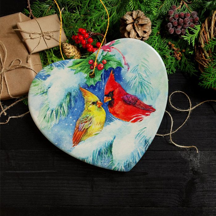 FORPRODUCTWatercolorCardinalMistletoeRomanceChristmasOrnament3DRealisticWhiteOrnamentMockup 6