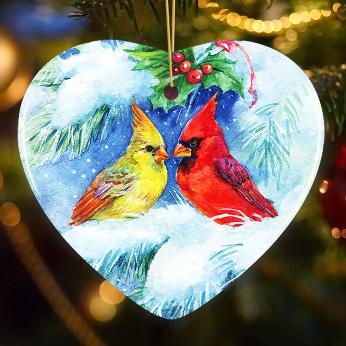 FORPRODUCTWatercolorCardinalMistletoeRomanceChristmasOrnamentMockupGroup 08 1 selective focus red baubles green christmas tree