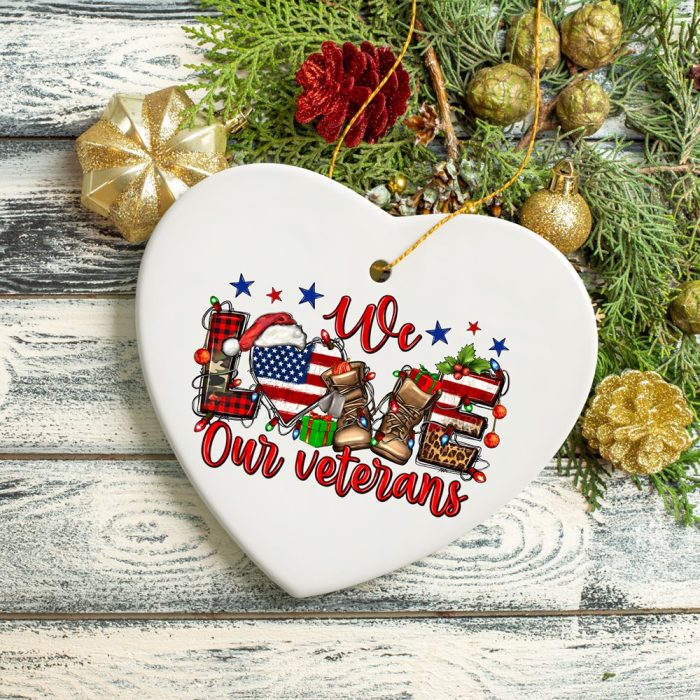 FORPRODUCTWeLoveOurVeteransChristmasStylePatrioticMilitaryOrnament3DRealisticMockup 07