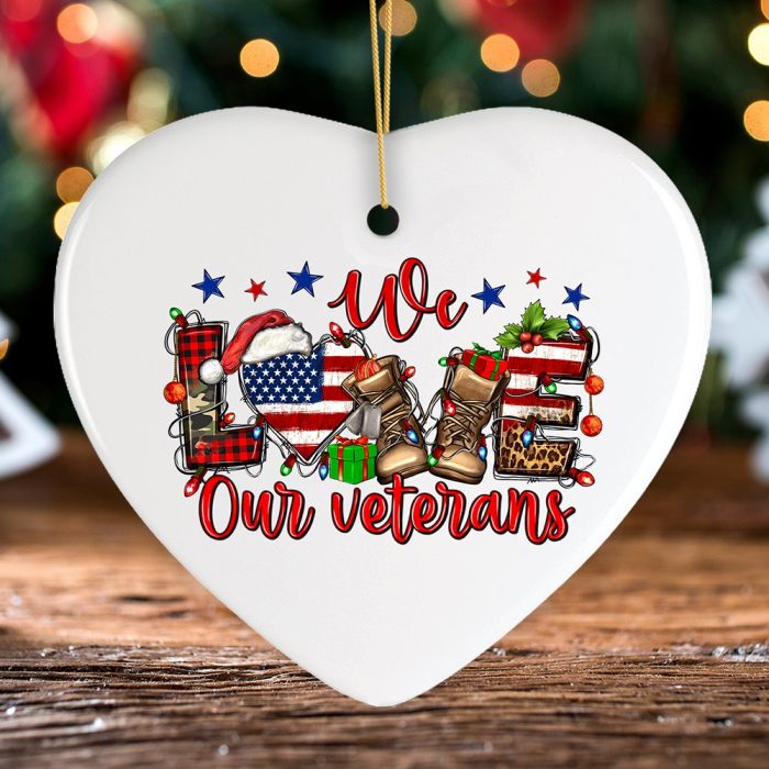 FORPRODUCTWeLoveOurVeteransChristmasStylePatrioticMilitaryOrnamentMockupGroup 05 1 christmas table blurred lights background wood desk focus xmas wooden plank blur home room