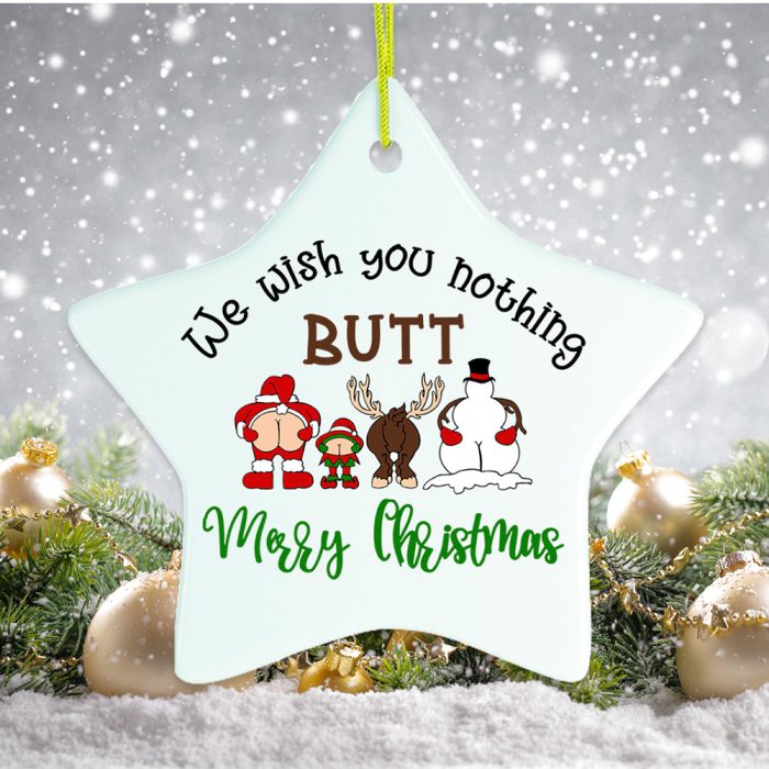 FORPRODUCTWeWishYouNothingButtaMerryChristmasFunnyOrnamentandGoldenOrnamentsandFallingSnowflakesStarMockup