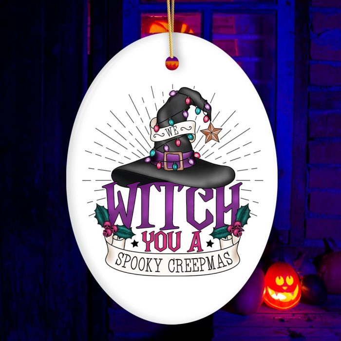FORPRODUCTWeWitchYouaSpookyCreepmasOrnament WhimsicalHalloweenChristmasDecorationMockupGroup 03BackgroundHalloweenPumpkinOval