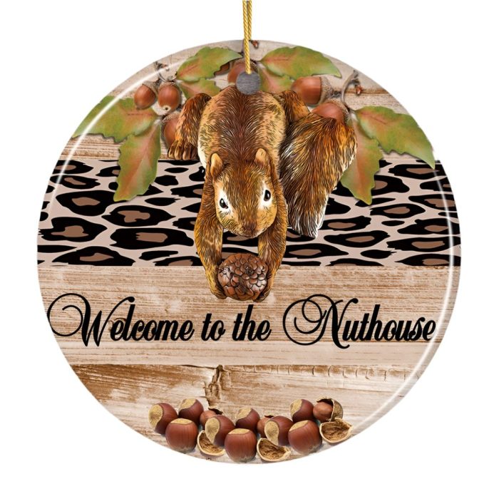 FORPRODUCTWelcometotheNuthouseFunnySquirrelOrnamentMockupGroup 05fir branches with christmas decor old dark wooden background 1