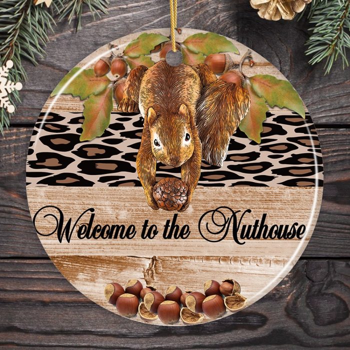 FORPRODUCTWelcometotheNuthouseFunnySquirrelOrnamentMockupGroup 05fir branches with christmas decor old dark wooden background