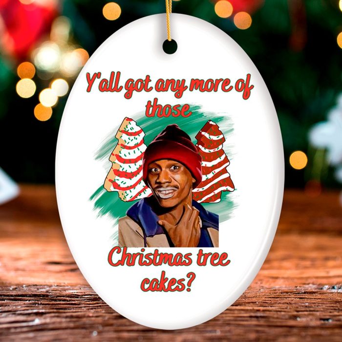 FORPRODUCTYallgotAnyMoreofThoseTreeCakesFunnyMemeChristmasOrnament WhimsicalDarkHumorMockupGroup 05christmas table blurred lights background wood desk focus xmas woo