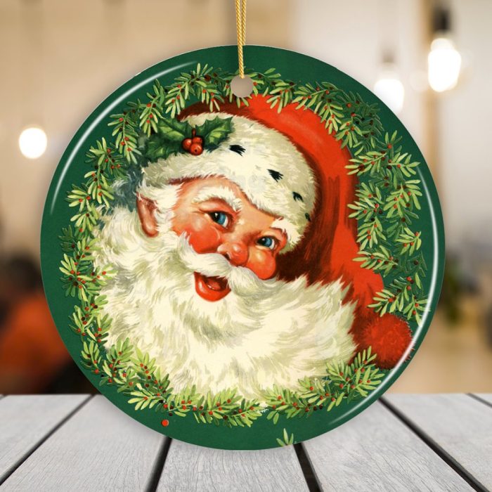 FOR PRODUCT Victorian Santa Round Christmas Ornament Mockup Group 08 1 wooden board looking out blurred restaurant scene