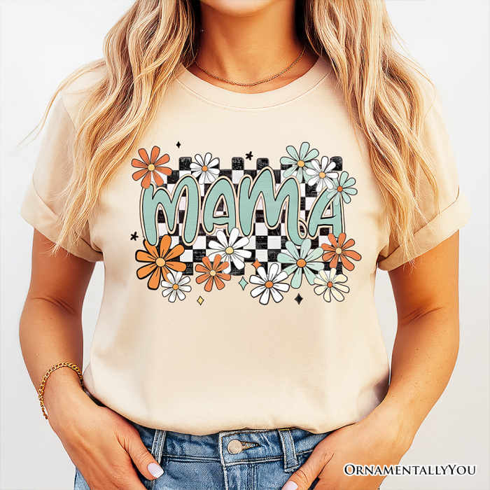 ForProduct 01FloralMamaCheckeredT Shirt White NaturalandBlackRetroTeeforStylishMothers