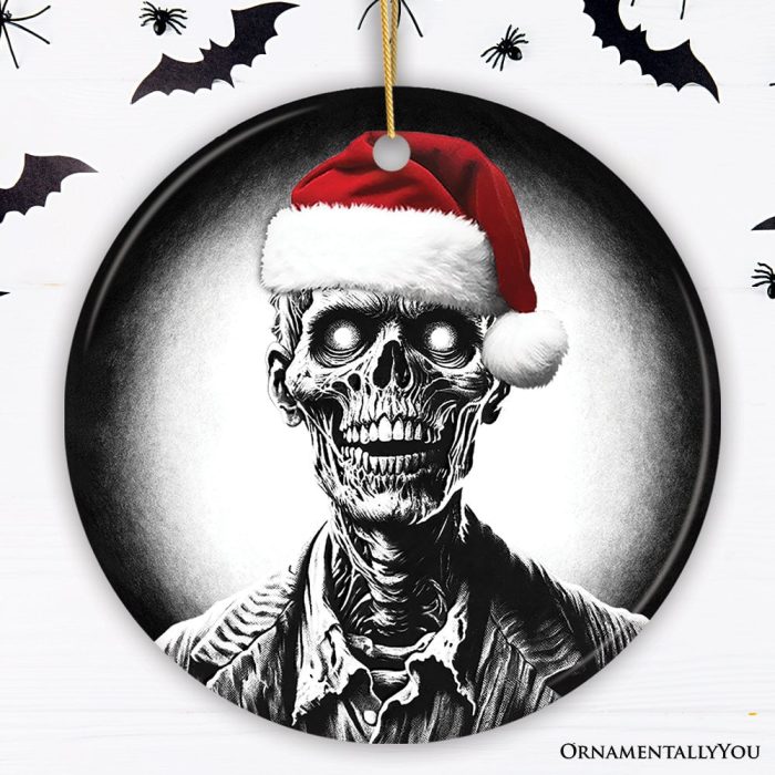 ForProduct 01GhastlyUndeadZombiewithSantaHatOrnament EerieChristmasGiftforHorrorLoversMockupGroup 03