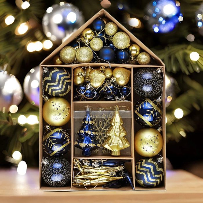 ForProduct 01GlamandGlitteredGoldandBlueElegantChristmasOrnamentSet 70AssortedBalls Trees Snowflakes andRoyalHeartPendants