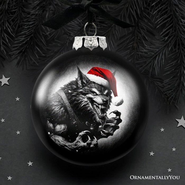 ForProduct 01WerewolfChristmasSpookyPortraitGlassOrnament BlackHorrorHalloweenTreeDecoration