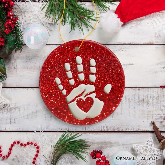 ForProduct 02BabyHandprintinRedGlitterThemedOrnament ChristmasNurseryKeepsakeandTreeDecor3DRealisticMockup 08