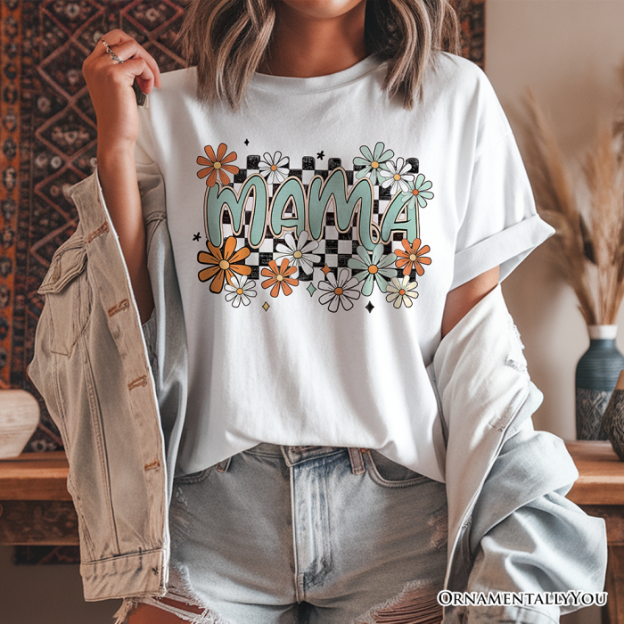 ForProduct 02FloralMamaCheckeredT Shirt White NaturalandBlackRetroTeeforStylishMothers