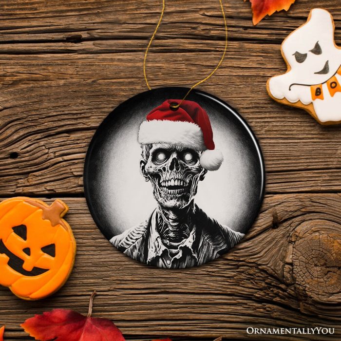 ForProduct 02GhastlyUndeadZombiewithSantaHatOrnament EerieChristmasGiftforHorrorLovers3DRealisticOrnamentMockupFall