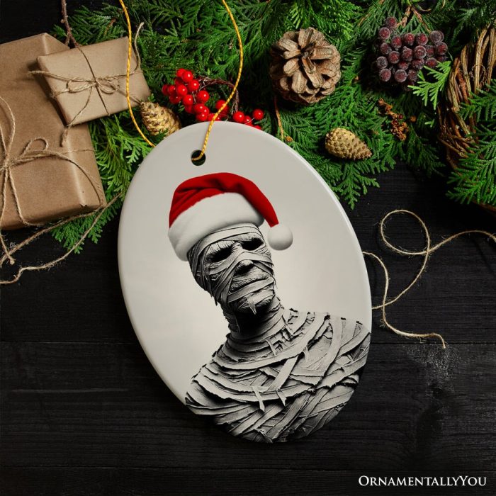 ForProduct 02GhoulishMummywithSantaHatOrnament SinisterHolidayKeepsakeforHalloweenLovers3DRealisticMockup 06