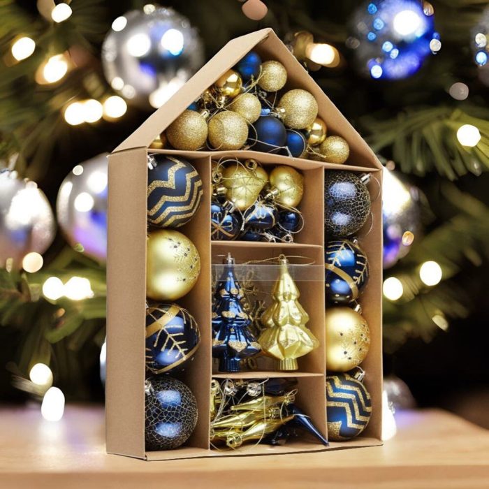 ForProduct 02GlamandGlitteredGoldandBlueElegantChristmasOrnamentSet 70AssortedBalls Trees Snowflakes andRoyalHeartPendants