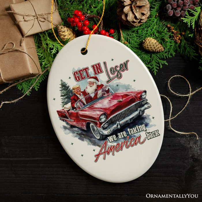 ForProduct 02WeAreTakingAmericaBackDonaldTrumpOrnament WhimsicalPresidentialChristmasDecor3DRealisticMockup 06