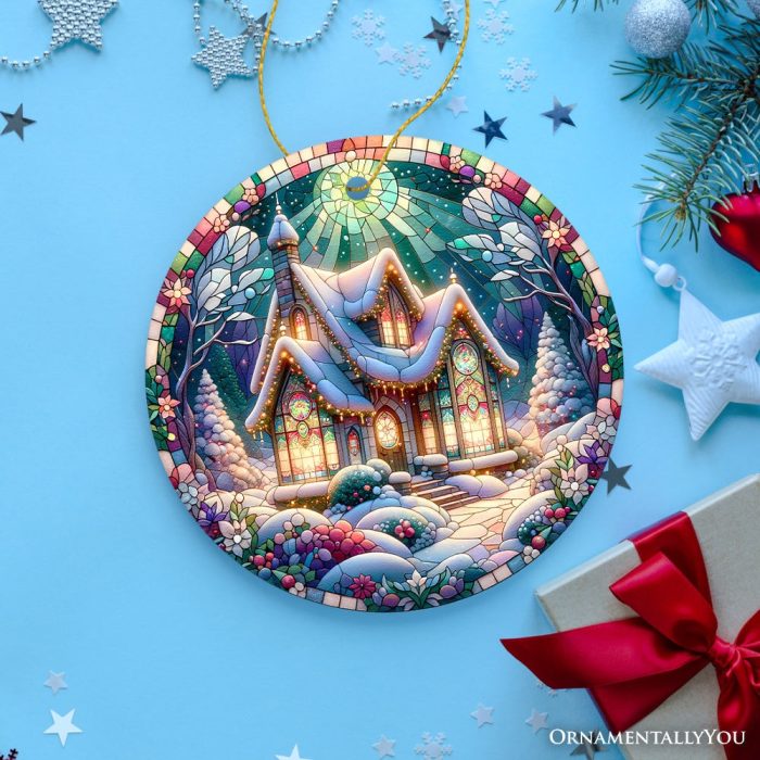 ForProduct 02WhimsicalCottageStainedGlassStyleCeramicOrnament ChristmasGiftandDecor3DRealisticMockup 09