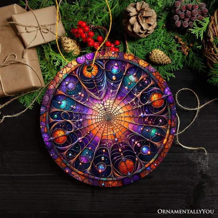 ForProduct 02WhisperingShadowsEnchantedCobwebStainedGlassStyleCeramicOrnament HalloweenThemedChristmasGiftandDecor3DRealisticMockup 06