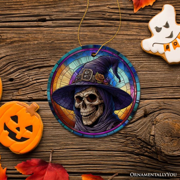 ForProduct 02WitchyGrinSkullwithHatandScarfStainedGlassStyleCeramicOrnament HalloweenThemedChristmasGiftandDecor3DRealisticMockupFall