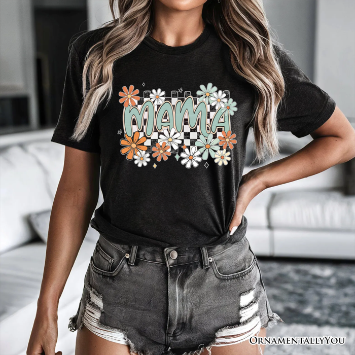 ForProduct 03FloralMamaCheckeredT Shirt White NaturalandBlackRetroTeeforStylishMothers