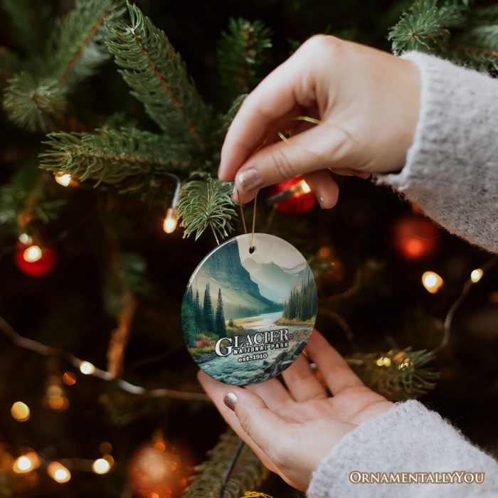 ForProduct 03GlacierNationalParkSereneNatureOrnament TravelerChristmasGiftandMontanaSouvenir3DHumanMockup 08
