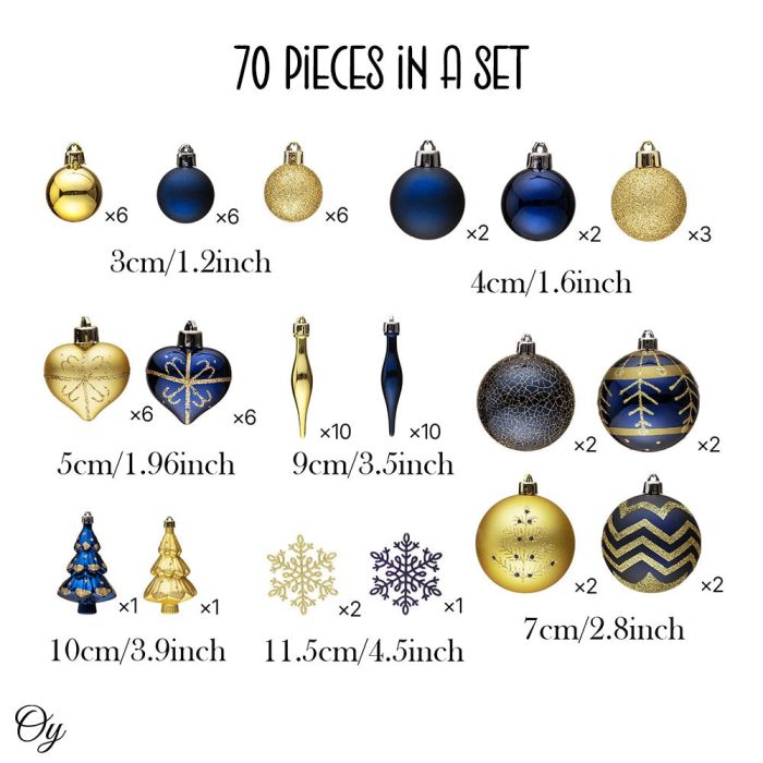 ForProduct 03GlamandGlitteredGoldandBlueElegantChristmasOrnamentSet 70AssortedBalls Trees Snowflakes andRoyalHeartPendants
