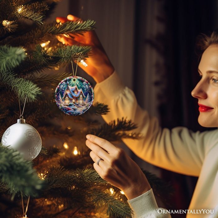 ForProduct 03WhimsicalCottageStainedGlassStyleCeramicOrnament ChristmasGiftandDecor3DHumanMockup19