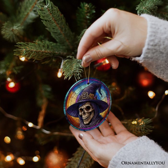 ForProduct 03WitchyGrinSkullwithHatandScarfStainedGlassStyleCeramicOrnament HalloweenThemedChristmasGiftandDecor3DHumanMockup08
