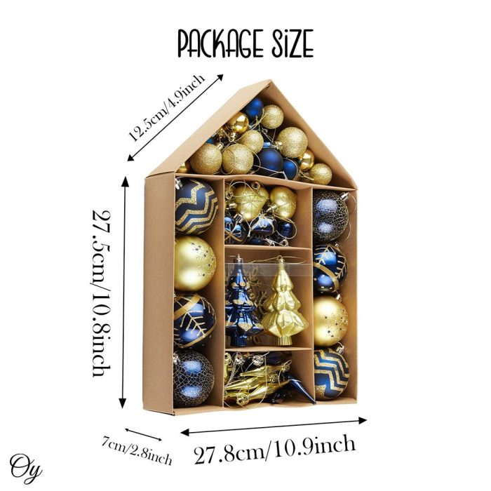 ForProduct 04GlamandGlitteredGoldandBlueElegantChristmasOrnamentSet 70AssortedBalls Trees Snowflakes andRoyalHeartPendants