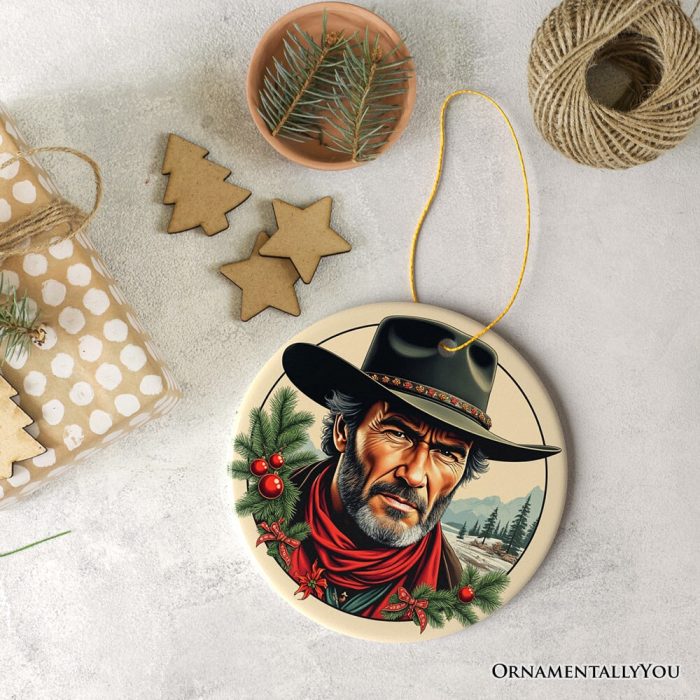 ForProduct 04WildWestGrittyHolidayChristmasOrnament VintageWesternLegendClintEastwoodGift3DRealisticMockup 15 02