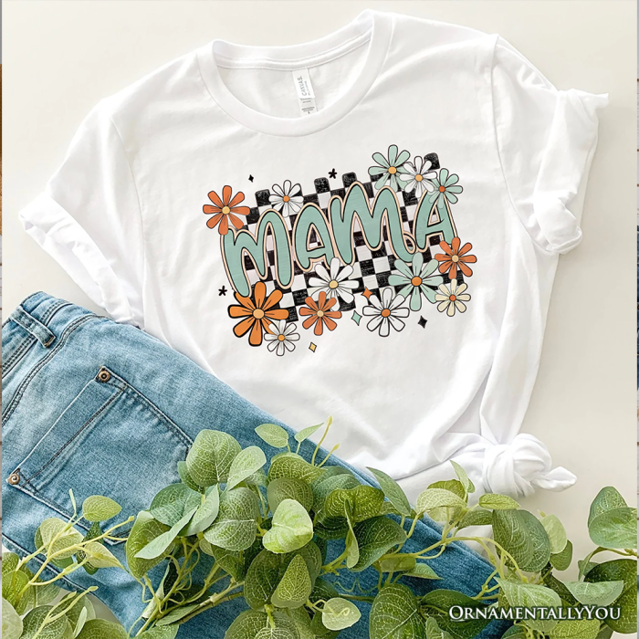 ForProduct 05FloralMamaCheckeredT Shirt White NaturalandBlackRetroTeeforStylishMothers