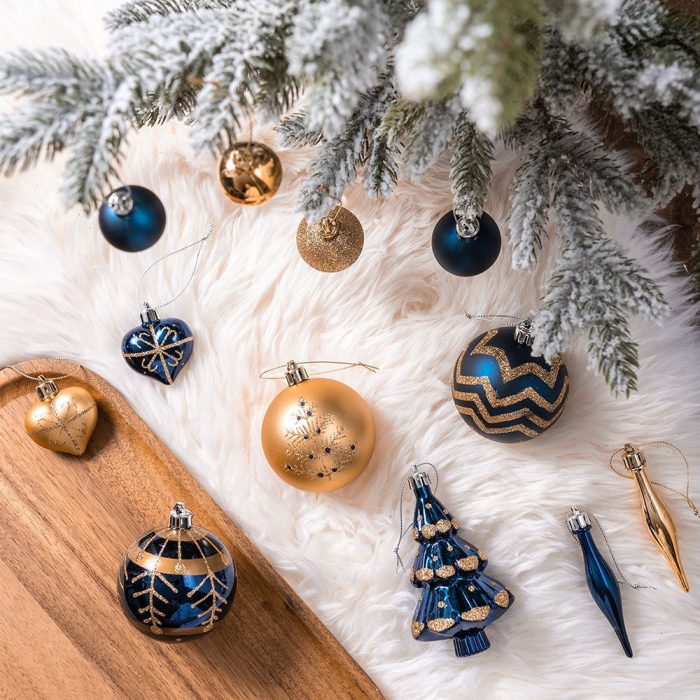 ForProduct 05GlamandGlitteredGoldandBlueElegantChristmasOrnamentSet 70AssortedBalls Trees Snowflakes andRoyalHeartPendants