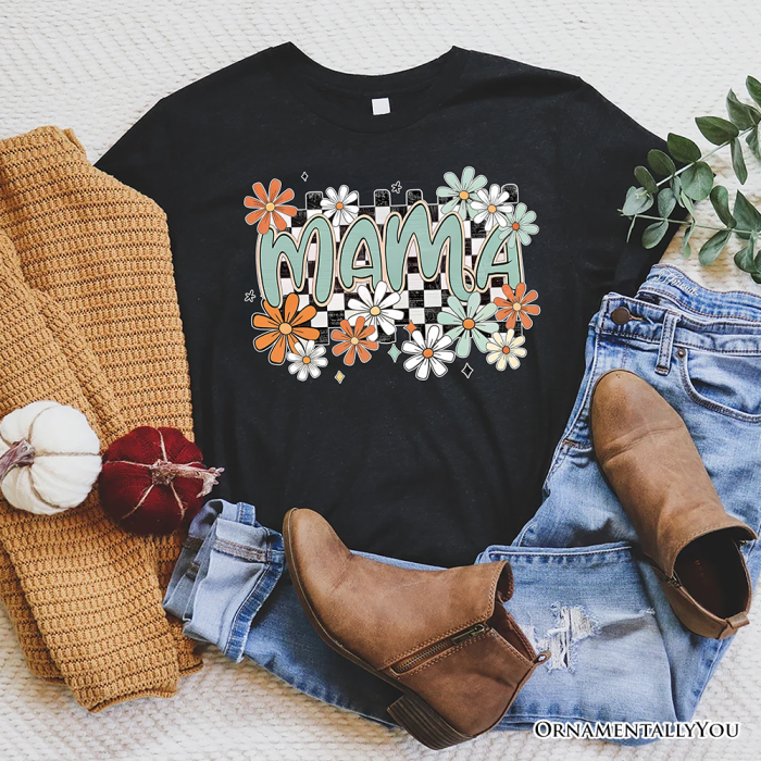 ForProduct 06FloralMamaCheckeredT Shirt White NaturalandBlackRetroTeeforStylishMothers