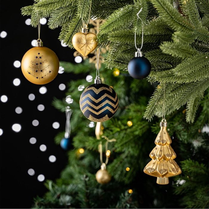 ForProduct 06GlamandGlitteredGoldandBlueElegantChristmasOrnamentSet 70AssortedBalls Trees Snowflakes andRoyalHeartPendants