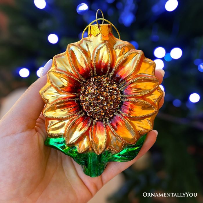 ForProductHand 01GlossyCharmingSunflowerGlassChristmasOrnament FlowerHolidayDecor