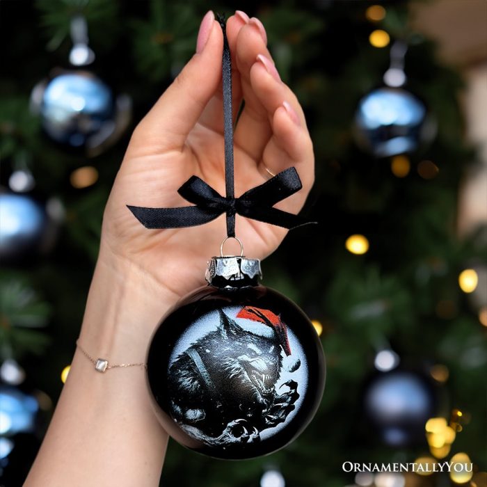 ForProductHand 01WerewolfChristmasSpookyPortraitGlassOrnament BlackHorrorHalloweenTreeDecoration