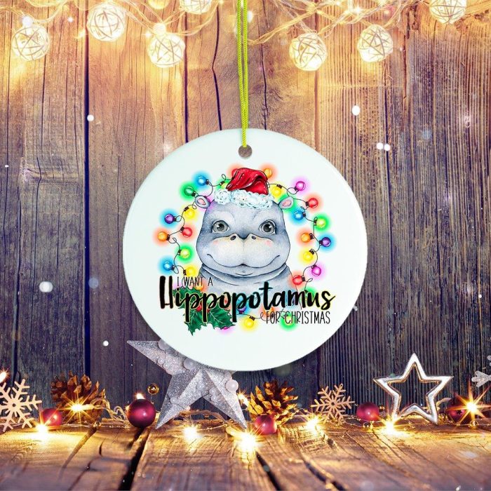 ForProductHippopotamusChristmasOrnamentFestiveWoodBackdropwithLightsOrnamentMockup