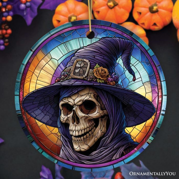 For Product 01 Witchy Grin Skull with Hat and Scarf Stained Glass Style Ceramic Ornament Halloween Themed Christmas Gift and Decor Mockup Group 03