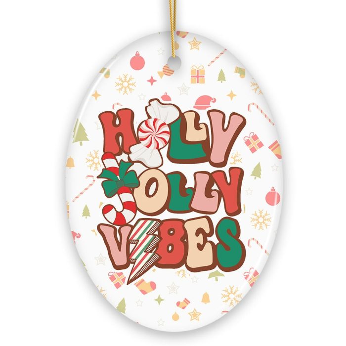 Retro Holly Jolly Vibes Throwback Christmas Ornament White