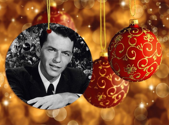 VintageFrankSinatraChristmasOrnament BlackandWhiteClassicGoldBokehBackgroundOrnamentMockup scaled