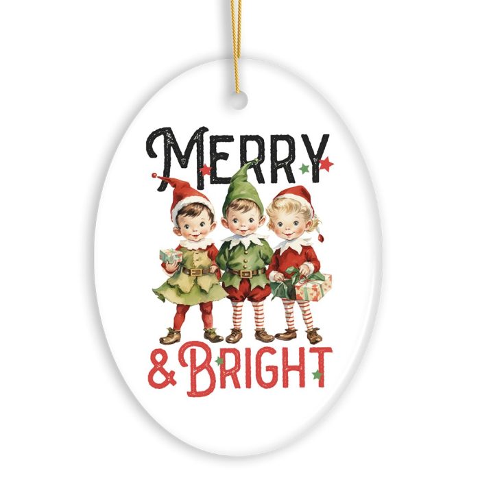Vintage Elves Merry Bright Christmas Ornament Retro Ceramic Tree Decoration White Background